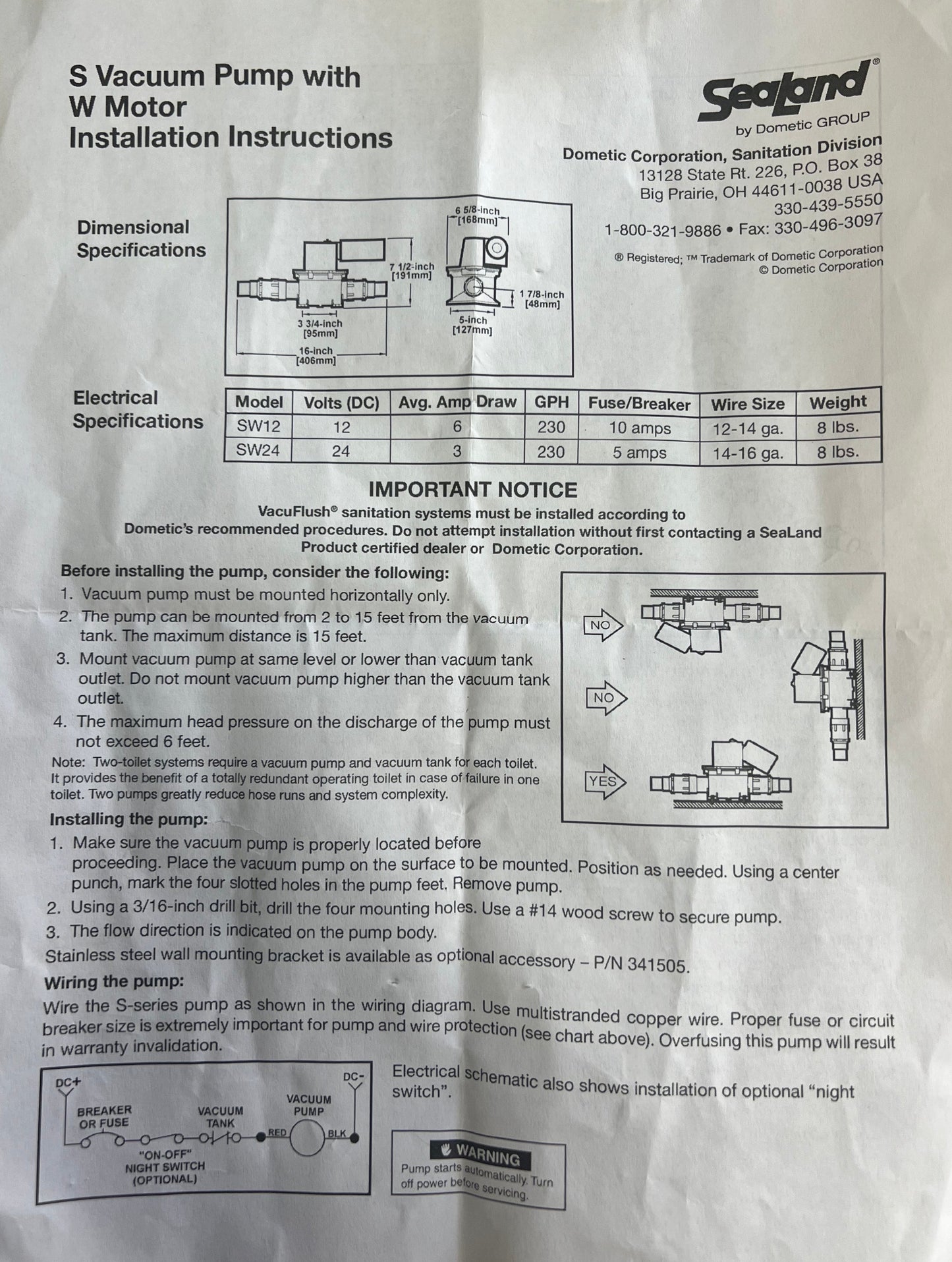 Dometic / SeaLand SW-Series Vacuum Pump 12V-DC (317201200)